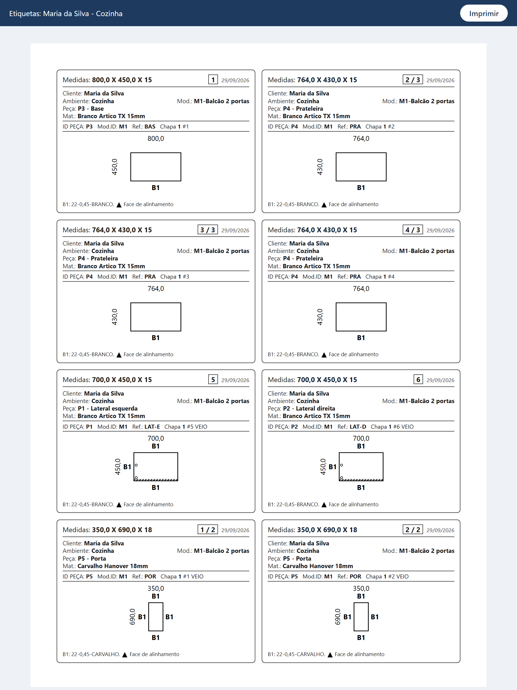 Etiquetas das peças impressas pelo RouterFlow, com cliente, ambiente, módulo, medidas e desenho com as fitas de borda